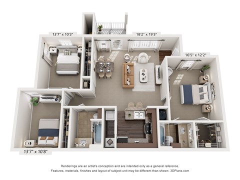 Floor plan for 3 beds, 2 baths, 1318 sqft